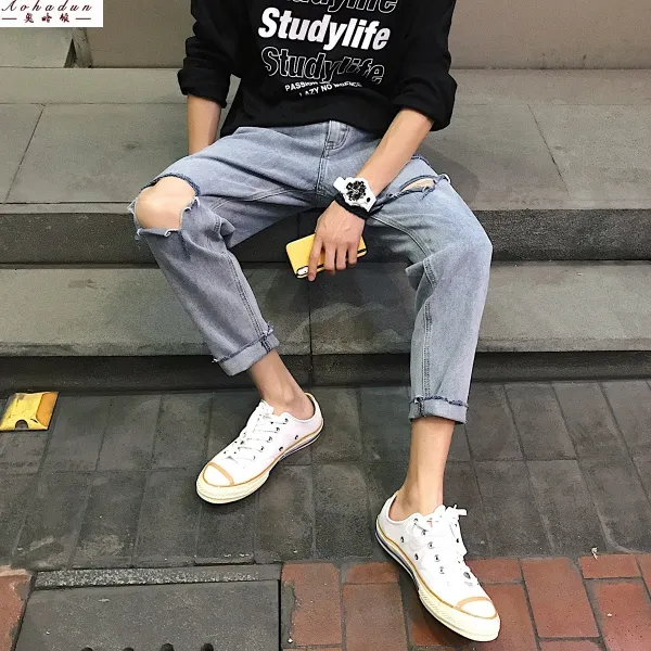 비나 키작은 데님팬츠 대미지 남자 키커 보이는 155CM 구걸다 그들을 위해 애걸함 청바지 9부 스키니 극 깨지다 160