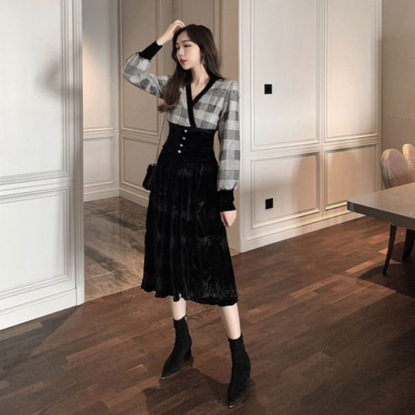 줄리엣이뽀 K0001 여성 가을 V넥 격자 체크 상의 벨벳 원피스