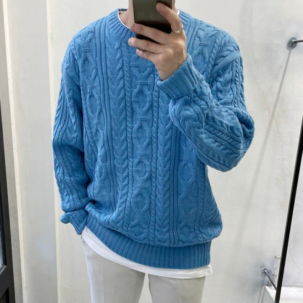 라운지21 남자 베이직 오버핏 캐이블 꽈베기 니트