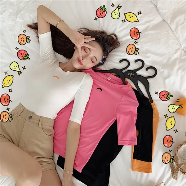 라운드넥5부 심플슬림 날씬해보이고 트렌디한소녀 수빙월사색티여