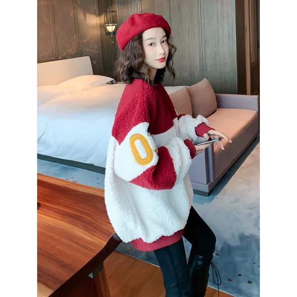 CJU919740자수 램스울 후드 여2019 겨울 박시한 한판 라운드 배색 중 롱 모직 코트