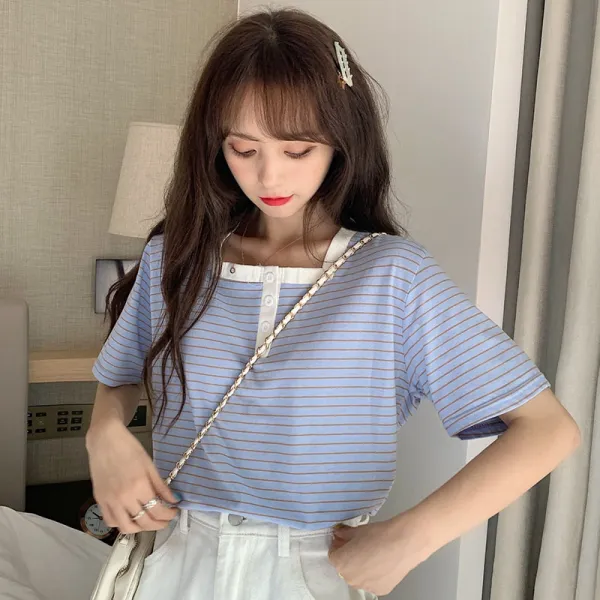 인싸템 스퀘어넥 스트라이프 반팔티셔츠 여자 여름 와이드 유행 하라쥬크 BF풍취 상의 체구 INS트렌드