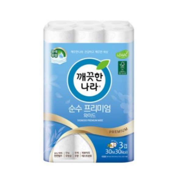 깨끗한나라 3겹 데코 순수 프리미엄 와이드 천연펄프 롤화장지 30m 30롤 1개