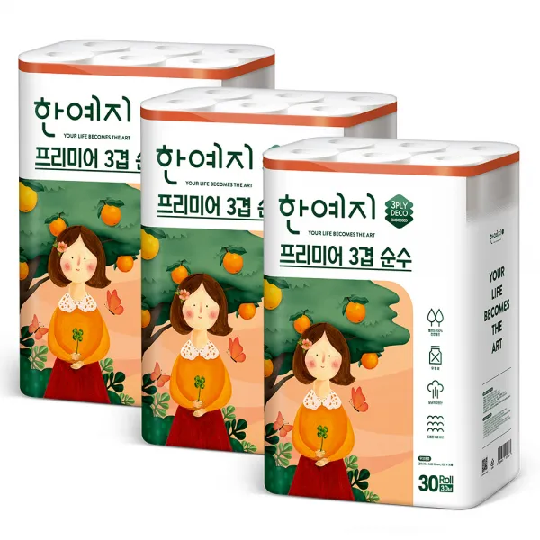 한예지 프리미어 순수 3겹 30M 30롤 화장지, 3팩