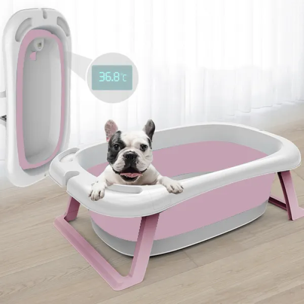 강아지 고양이 목욕 접이식 욕조 온도계 스파 샤워기걸이 반려견 애견 목욕탕 반신욕, 2.접이식온도계형, 접이식온도계형(핑크)