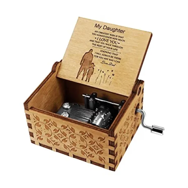 레이저 조각 나무 음악 상자 손잡이가있는 음악 상자 메커니즘 골동품 와인 생일 크리스마스 성격 음악 상자 선물 아빠의 딸 To Daughter From Dad To Daughter From Dad