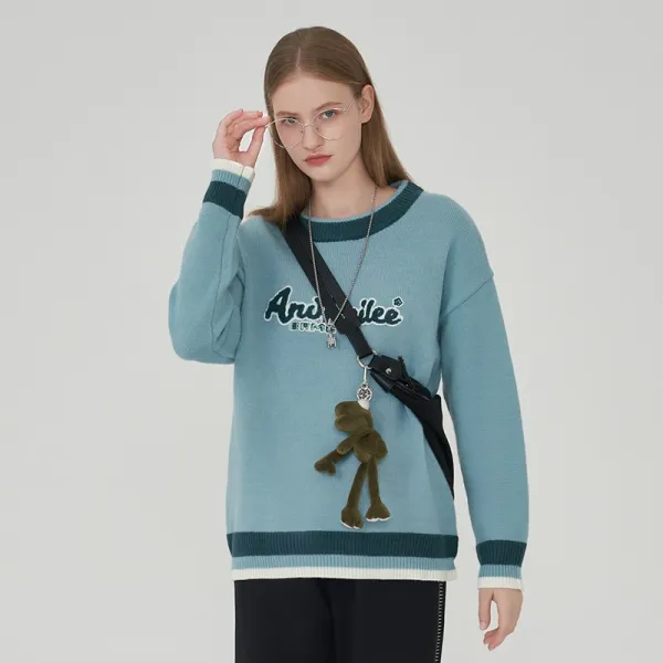 와이드 루즈핏 스웨터 알맞다 초여름 학원 무드 블루 블러킹 이니셜 라운드 풀오버 후드 상의 여성 2746115769