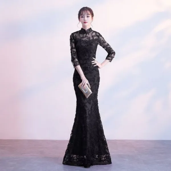 [해외] 패션 블랙 레이스 CHEONGSAM 현 CHINOISE 긴 드레스 QI PAO 여성 어 번체 류 드레스 QIPAO 이브닝 가운