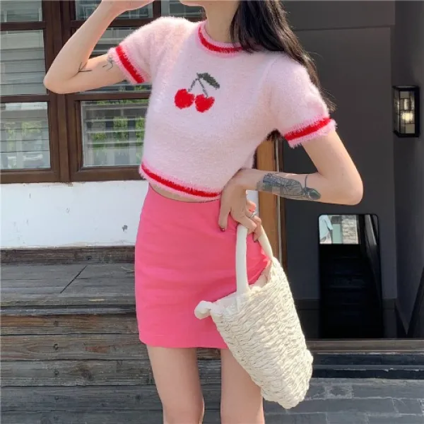 판다팡 맛이 달다 누이동생 원기 소녀 앵두 털 슬림 매 핑크 스커트 여성