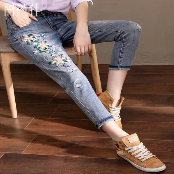 러블리우먼자수 할란 청바지 여성 높은 허리 2019 봄 새로운 복고풍 한국어 느슨한 얇은 바지 발_24382 178 