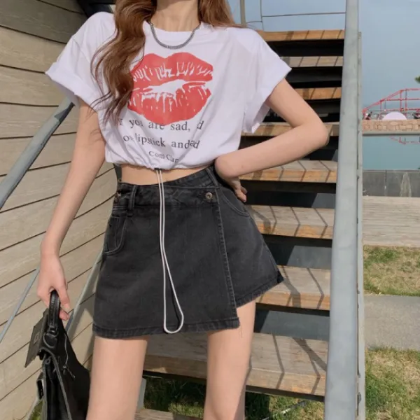 하늘로켓직구 플라워상의 금 년 구호물자 디자인 감각 드로스트링 허리보정 크롭 와이드 루즈핏 그레이 쇼트 소매 여름 2419