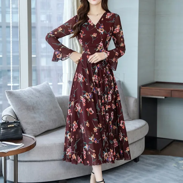Kirahosi 가을 여성 브이넥 꽃무늬 쉬폰 롱 원피스 + 덧신 증정 Da0rtz1t