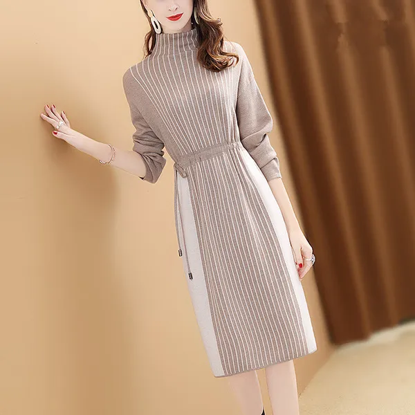 웨일테일 매드홍 여성 모직 줄무늬 롱 니트 원피스