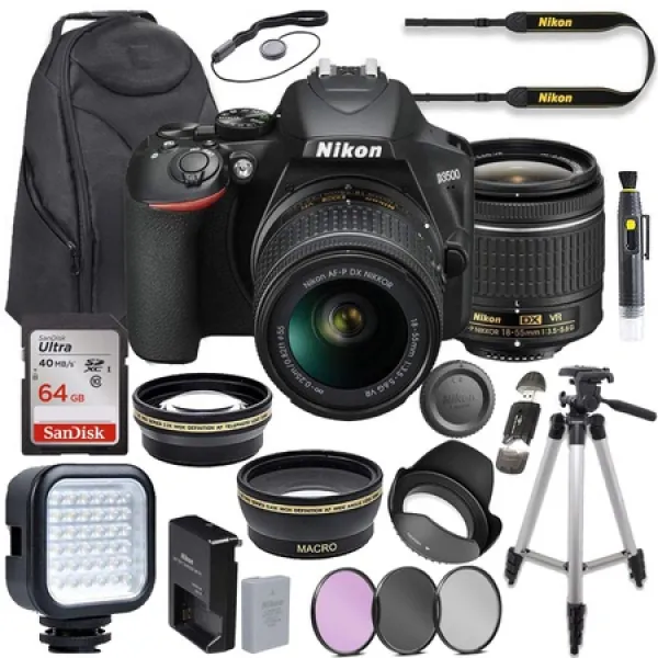 니콘-국제 공항 af-p 18-55mm vr 렌즈가 장착 된 nikon d3500 dslr 카메라 비디오 키트 + led 라이트 + 디, 상세 설명 참조0