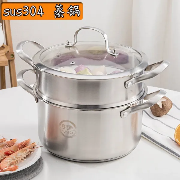찜기 미니 스테인레스 찜냄비 304두꺼운 가정용 인덕션 가스레인지 사용 2단 3층 국냄비 일체형, T07-24cm3층(둘을 붙 드레이 적합 4-5인)