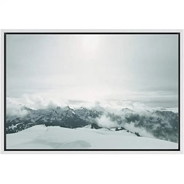 프레임 캔버스 벽 아트 블루 씻어 밖으로 안개가 자욱한 산 꼭대기와 일출 풍경 야생 사진 리얼리즘 현대적인 경치를 긴장 16" X 24" White Washout Vee04