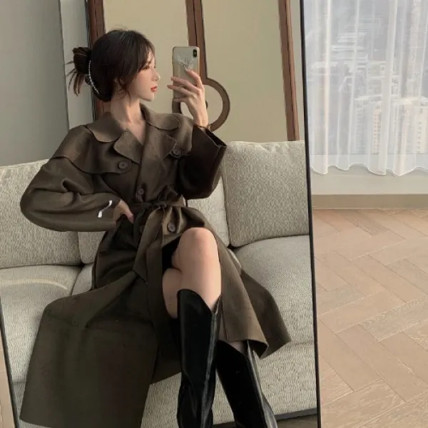 코트 여성 하프기장 겨울 가을 계절 와이드 루즈핏 슬림핏 허리보정 스트랩 케이프 판초 양식 모직 하프트렌치코트