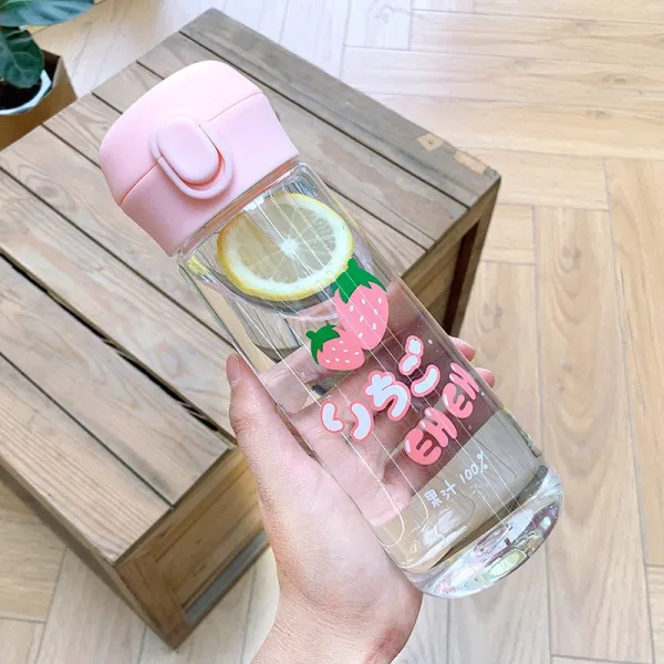 높은 가치의 플라스틱 물 컵 여자 학생 휴대용 그물 레드 안티 가을 작은 신선한 컵 창조적 인 성격 트렌, 핑크 딸기 바운스 플라스틱 컵 500ML