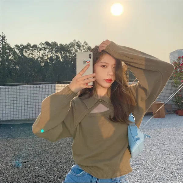 일찍이 숏 상의 여성의류 봄가을 얇은니트 감각 보이핏 볼륨