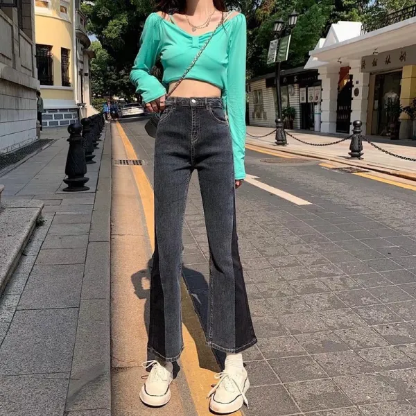 DFMEI 얇은 데님 팬츠 여성 봄 신상품은 디자인이 독특하다. 날씬해 보임 하이 웨스트 배색형 9부 바지 부츠 컷.