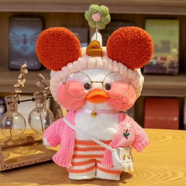 PKTOYS 말을 하고 녹음할 수 있다귀여운 오리 인형크리스마스 여자친구 선물 추천명절선물, 레드 플라워 헤어밴드 레드 오버올 화이트 백, 30cm [재수기능]