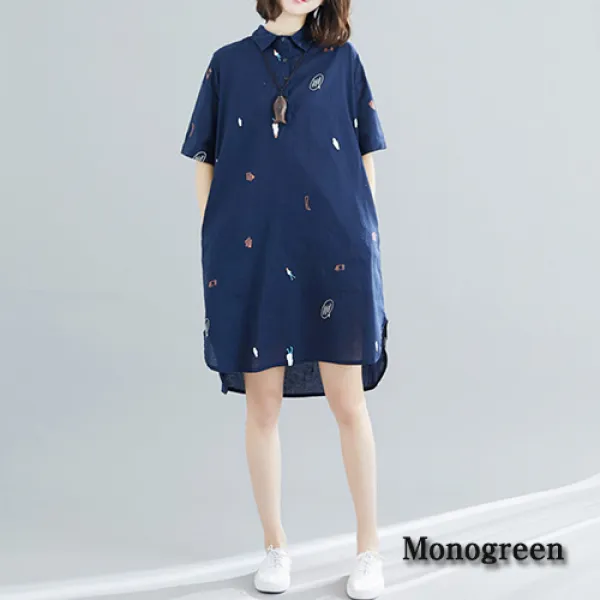 모노그린 헨리넥 카라 얇은 반팔 셔츠 원피스 Smr5605