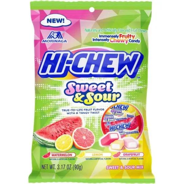 Hi-Chew Morinaga 하이 츄 스위트 사우어 츄위 캔디 수박 자몽 레몬 향 3.17 온스 페그 백 (6개 팩), 상세 설명 참조0
