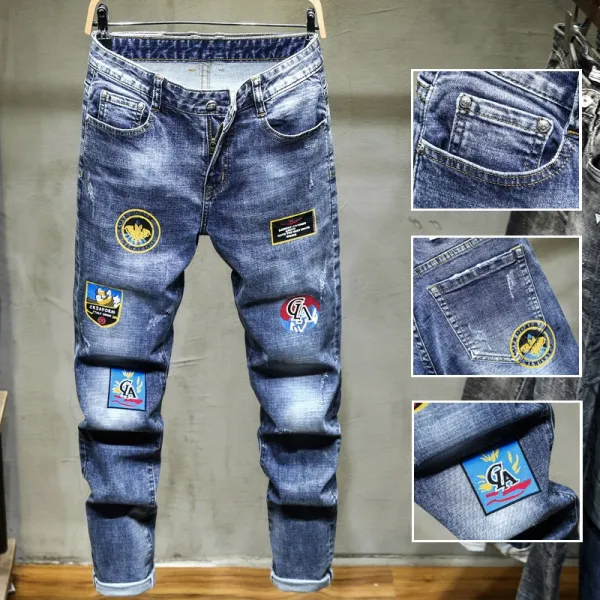 드랜드 남자 청춘 유행 아플리케 플라워 프린트 팬츠 트렌드 슬림 스키니 텐션감 긴바지