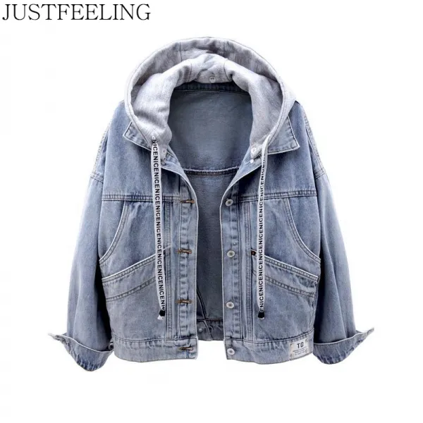 JUSTFEELING 봄가을 후드 데님자켓 긴팔 빅사이즈 오버핏 잠바 포켓 단추 캐주얼 편안한 여성코트