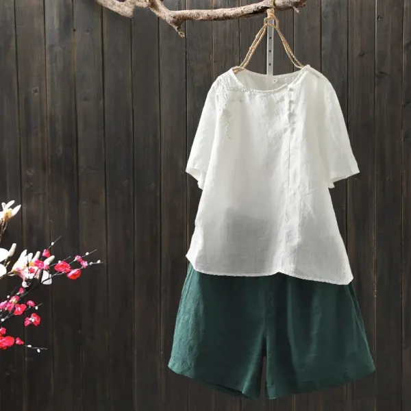 샵솔베이지 코튼 린넨 여름 여성 자수 박시핏 마 티셔츠 블라우스