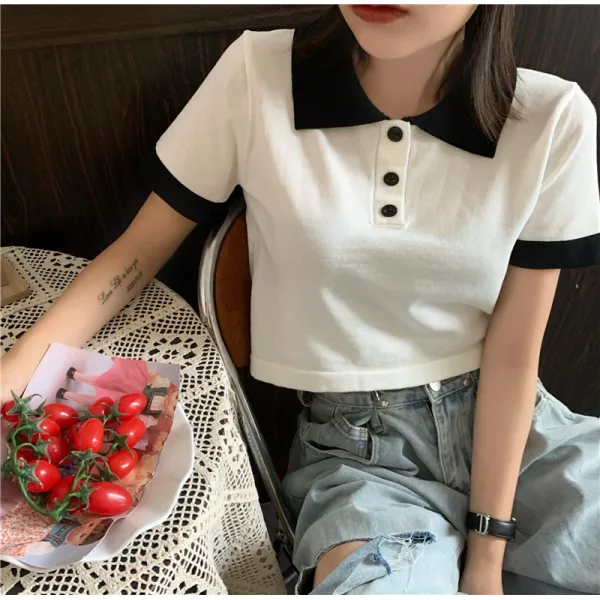 여장 반팔 티 여름 학생 충돌 색 셔츠 숏 니트 화이트 상의