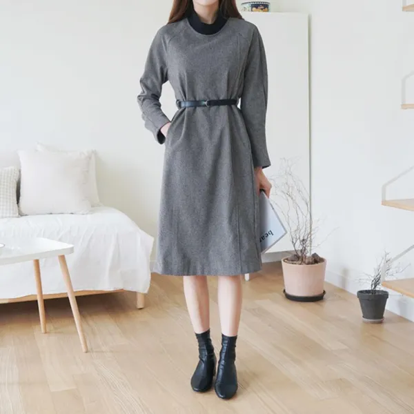 폴라 배색 체크 가죽벨트 롱 모직원피스 데일리룩 데일리원피스 하객원피스