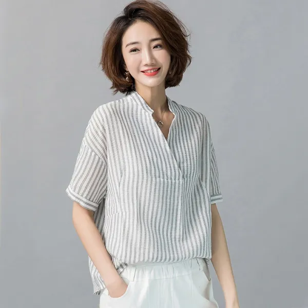 패션이루 스트라이프 린넨 반팔 티셔츠 여름 미시룩 헨리넥 면