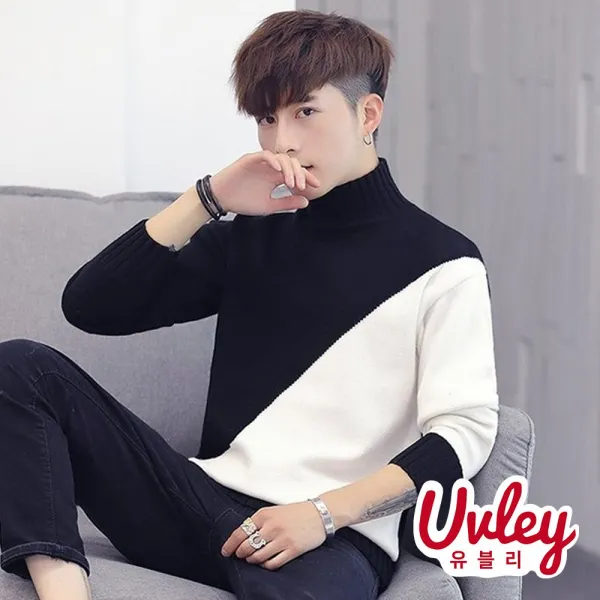 유블리 남성 터틀넥 목폴라 니트 긴팔 티셔츠 투톤 배색 따뜻한 댄디룩 남친룩 포근한 감각적인 멋있는 남자티셔츠 추천 MC터트포SA