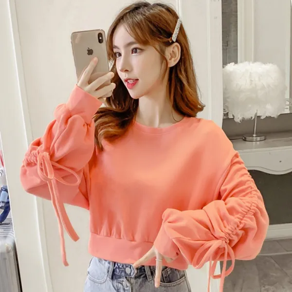 숏맨투맨 여자 가을 와이드 스타일리쉬 드로스트링 캐쥬얼 긴소매 상의 트렌드 INS