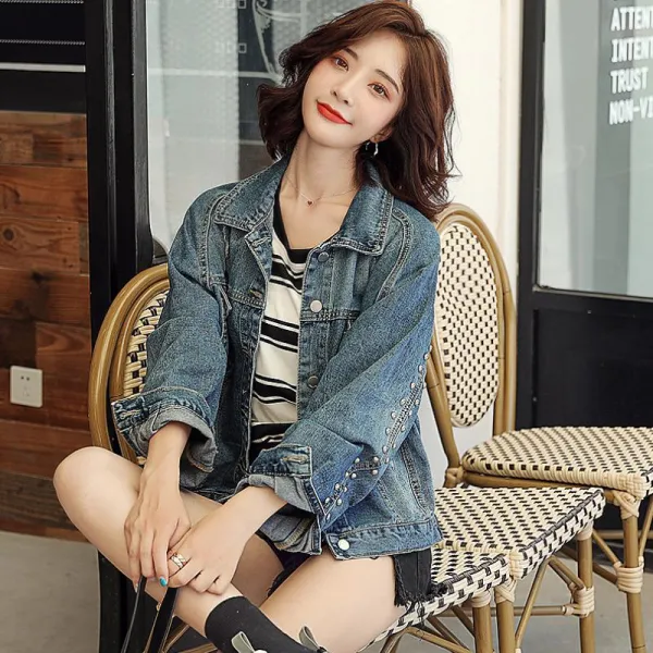 몽리베르떼 가을 핸드메이드 구제 데님 쇼트 심플함 여성 항공점퍼 블루종