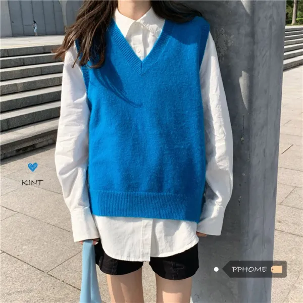 교 공급감응 KINT코리아 학원 파견함 소녀 귀엽다 사랑 숓 브이넥 겹치다 입다 소프트 찰 니트조끼