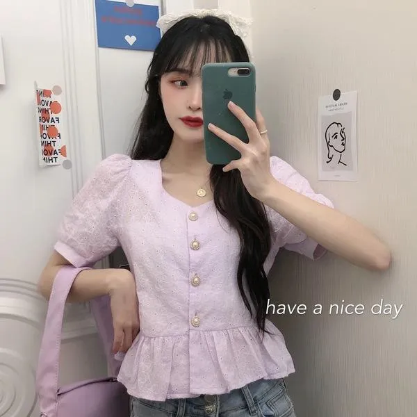 여자 하객룩 벌룬소매 레이스 숏 반팔블라우스 청순미