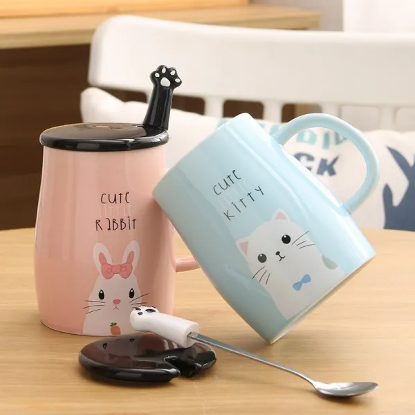 마오 크리에이티브 러블리 캐릭터 커플 물컵 아침 우유 커피 시리얼 뚜껑 스푼 배불뚝이컵 잔디밭 그린