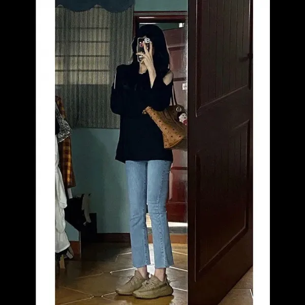 KORELAN 올 소금 달콤하다 바람 쿨하다 소금 계열 입다 걸치다 여성스럽다 젊다 튀기다 거리 보이다 직통 청바지 두 벌 세트