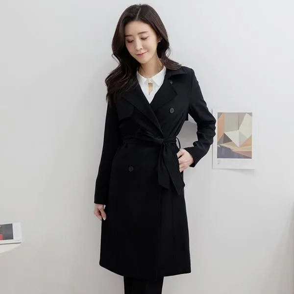 드리다 엄마옷 DC21102 여성 봄 가을 테일러드 카라 신축성좋은 벨트 블랙 빅사이즈 정장 트렌치코트 중년 50대