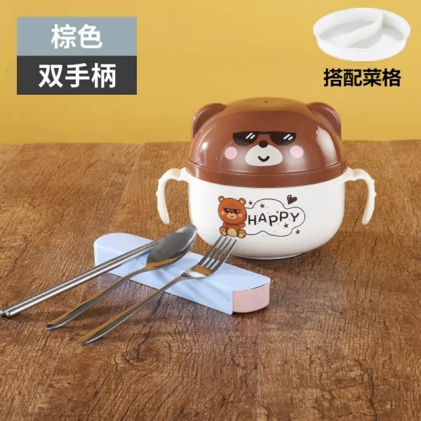 면기 가족 3식구 그릇과수저 세트 타입학생 라면그릇 뚜껑포함 스테인레스 귀여운 도시락 소녀감성 기숙사 컵라면, T22-두개손잡이 브라운(요리와 함께)+식기