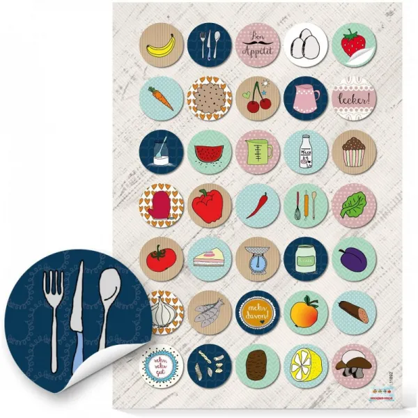 35 개 작은 둥근 다채로운 벽 과일 정원 스티커 스티커 라벨 3cm ESSEN 및 KOCHEN 조리법 요리 솥 부드러, 단일상품