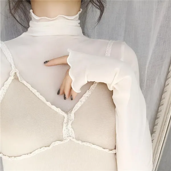 싱그로아 가을 여성의류 슬림목폴라 이너티셔츠 심플 솔리드 무지 망사 스판 긴 소매 구호물자 x3개