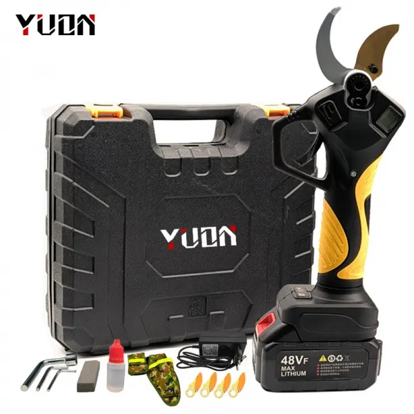 YUDN 독일기술 브러시리스 전기 충전 고급 전동 전지가위 21V 풀세트 YD-593(25mm-40mm 본체조절하다+전력량 표시), 1세트(배터리 2개+티타늄날개×4+고급 수납백)