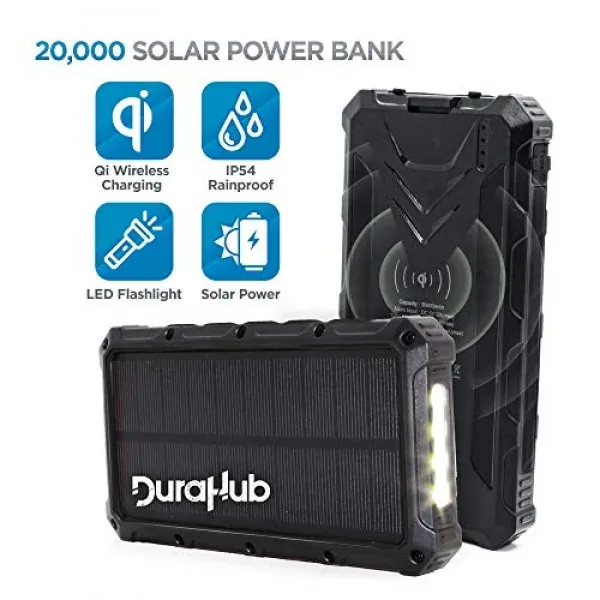 DuraHub-QI 무선 True 20000mAh 울트라 용량의 태양 광 발전 USB 배터리 뱅크-견고성 휴대 성 방수성-충전 포트 4 개