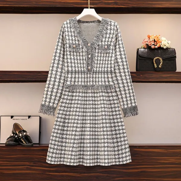니트 체크 긴팔 가을 원피스 빅사이즈 하객 며느리룩 큰옷 예복 A라인 돌잔치 L부터 4xl까지