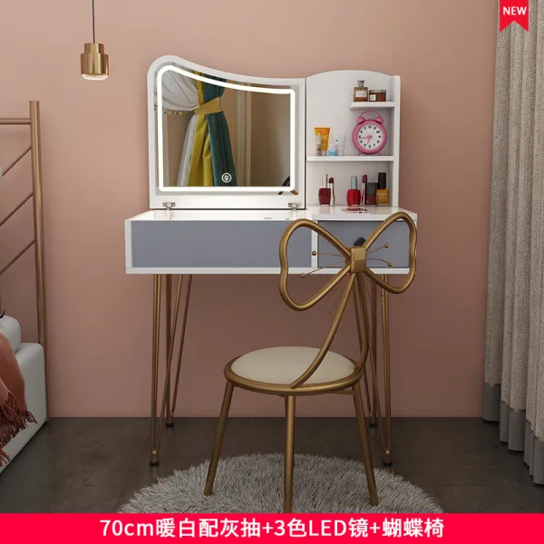 완소템 책상겸 화장대 학생 대학생 신입생 필수템 LED 조명 화장 생일선물 센스아빠, 회색 양수 +3 색깔 LED 거울 + 나비 의자를 가진 70cm 온난 한 백색
