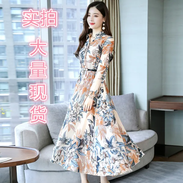 에이프릴래빗 쉬폰 슬림 스커트 가을 여성 2019신상 미디기장 롱 롱 소매 롱 스커트 Zp764