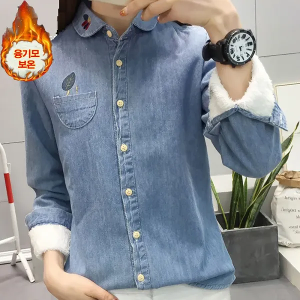 Joyce Shop 오래달리기 기모 남방 기모셔츠 기모블라우스 청남방 셔츠 가을남방 여성남방 자수남방 체크남방